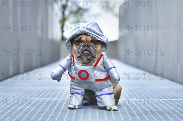 Astronaut dog. French Bulldog wearing funny Halloween space suit costume