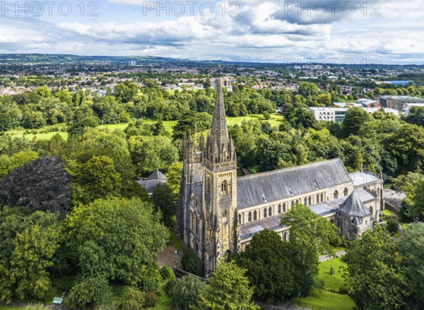 Llandaff Cathedral from a drone, Cardiff, Pembrokeshire, Wales, England, United Kingdom, Europe
