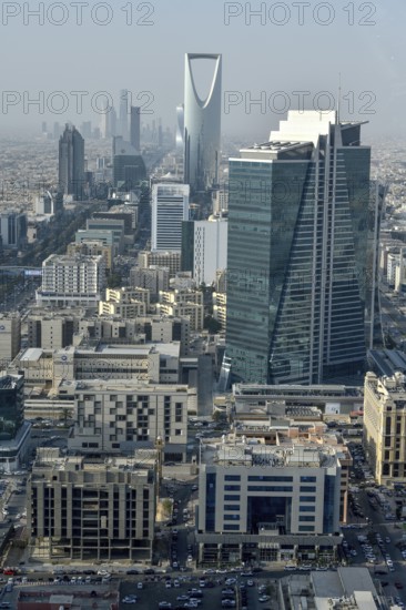 View from Al Faisaliah Tower over the skyline with the Kingdom Center, Riyadh, Saudi Arabia, Asia
