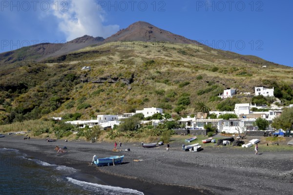 Black volcanic beach near Stromboli, island of Stromboli, Lipari Islands, Italy, Europe