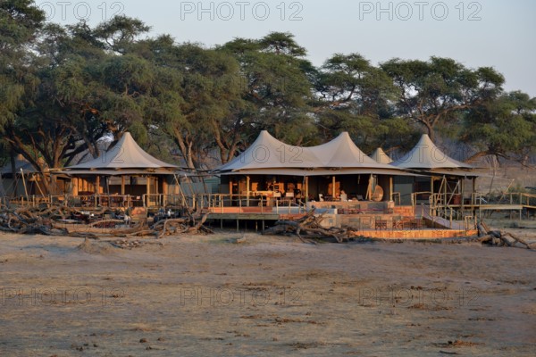 Somalisa Camp in the evening light, Hwange National Park, Matabeleland North Province, Zimbabwe,