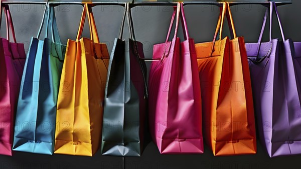 Assorted vibrant shopping bags lined up in front of a grey background, AI generated