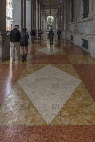 Arcade with fabulous tile floor of the Banca d'Ìtalia, Genoa. Italy