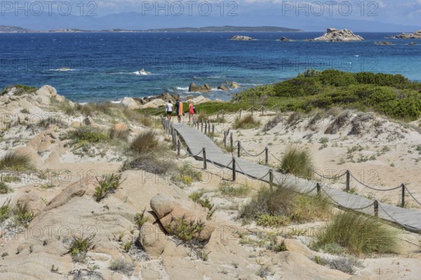 Boardwalk leading to Cala Trinita, La Maddalena island, Gallura region, Sassari Province, Sardinia,