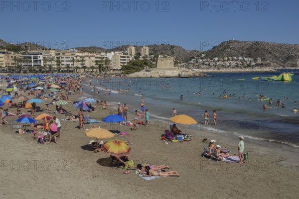 Platja de L'Ampolla Beach with fortress, Moraira, Alicante, Costa Blanca, Spain, Europe