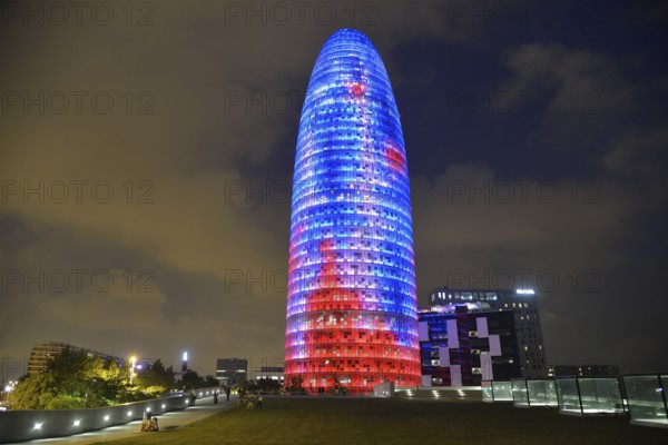 Torre Agbar, architect Jean Nouvel, at dusk, Avinguda Diagonal, Barcelona, ??Catalonia, Spain,