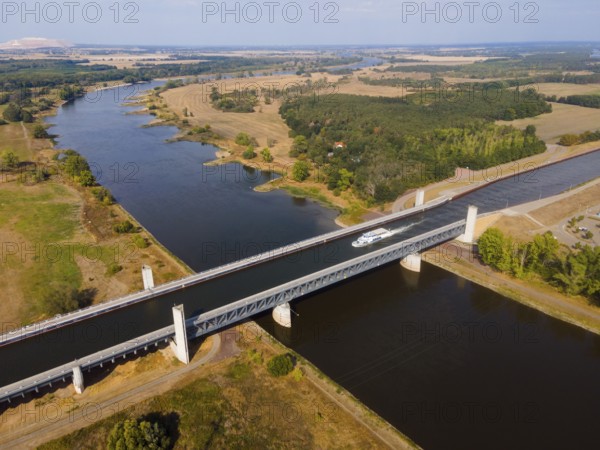 Drone shot, excursion boat on the Mittelland Canal, Magdeburg waterway junction, canal bridge,