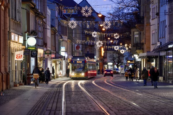 Tramway on Pfinztalstraße, Christmas lights, Karlsruhe-Durlach, Baden-Württemberg, Germany, Europe