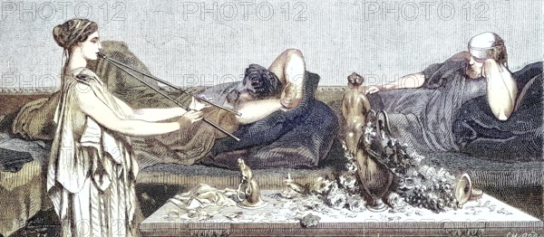 Siesta, sleeping men and a servant with a flute, 1869, Greece, Historic, digitally restored