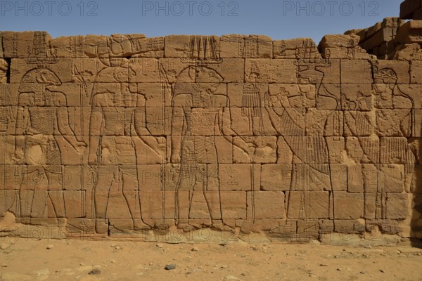 Relief of a procession with the deities Apedemak, Amun and Horus at the Lion Temple for the