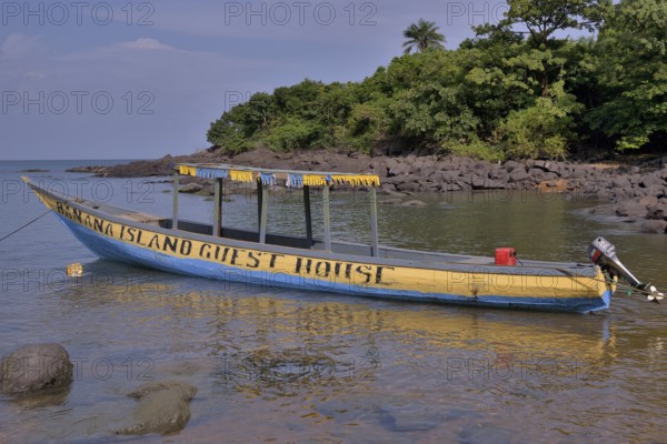 Colourful excursion boat, Banana Islands, Sierra Leone, Africa