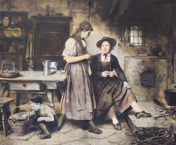 Two friends talking in the kitchen while a boy lets a hen out of the basket, Historical, digital