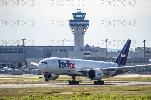 Cologne-Bonn Airport, FedEx Boeing 777, on take-off, German Air Traffic Control Tower, Cologne,