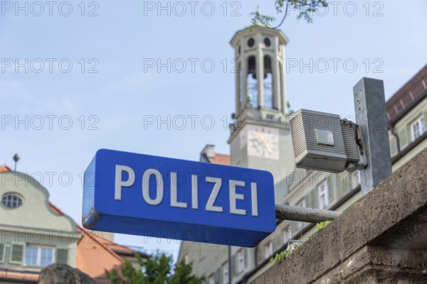 Sign with the inscription Polizei on the facade of the Munich Police Headquarters, Bavaria,