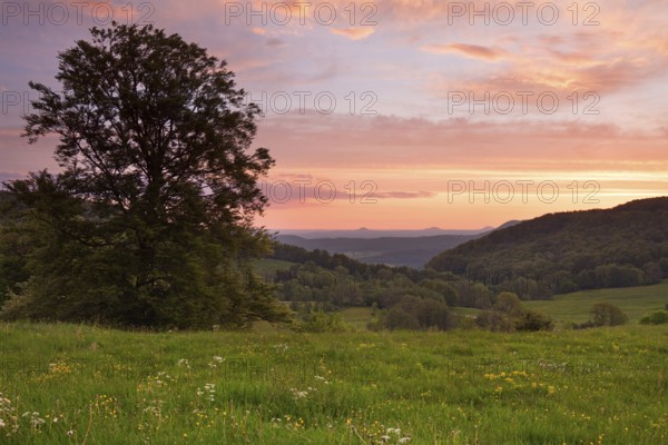 Randecker Maar on the Swabian Alb. Beautiful sunrise with the Drei Kaiser mountains in the distance