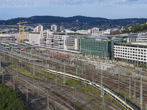 Track apron at Stuttgart Central Station with the functional buildings of the Europaviertel. After