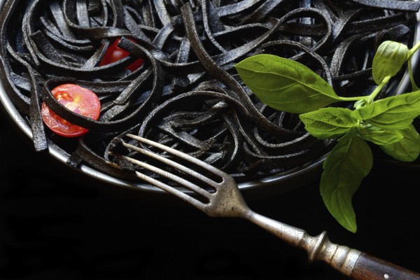 Black pasta coloured with squid ink on a plate, Taglioni al Nero di Seppia, Italy, Europe