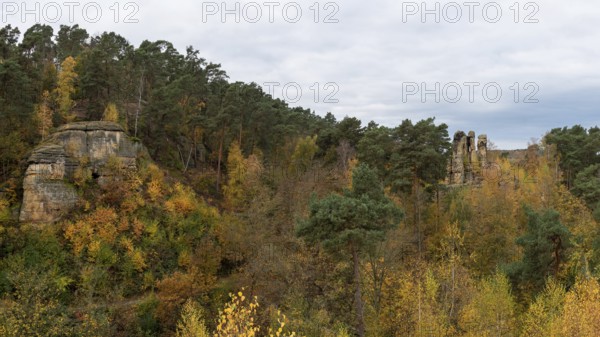 Five-fingered rock with colourful autumn leaves, sandstone formation in the Klusberge mountains,