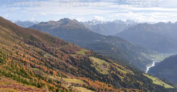 View of the mountain panorama and the Upper Inn Valley in the morning light, Krahberg on the Venet