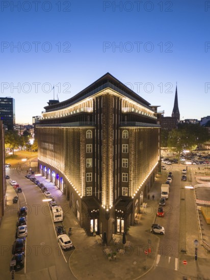 Aerial view of the Kontorhaus Chilehaus in Hamburg's Kontorhaus district at the blue hour, Hamburg,