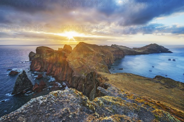 Madeira Island scenic rugged landscape, Ponta do Sao Lourenco cape on sunrise, Abismo viewpoint.