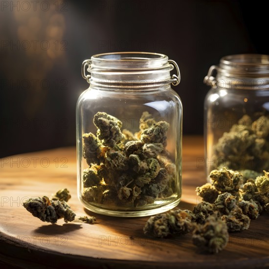 Glass jar filled with dried cannabis buds on a weathered wooden counter, AI generated