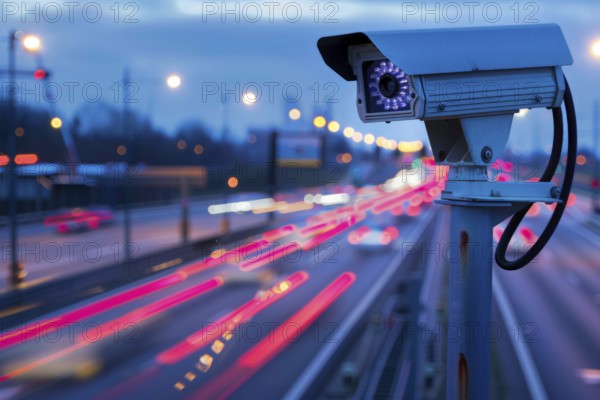 A surveillance camera, CCTV, traffic monitoring on a motorway, blue hour, light traces, AI