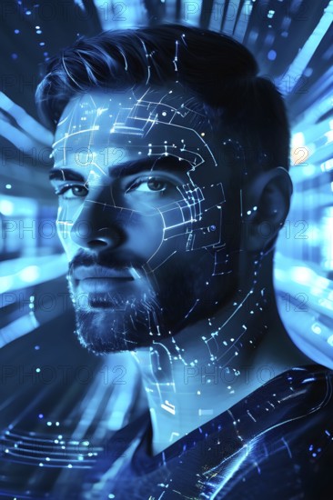 3d digital facial recognition displaying a male face with overlaid ai biometric data, AI generated