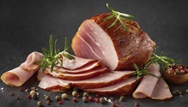 Food, meat, smoked ham in pieces and slices, AI generated, AI generated