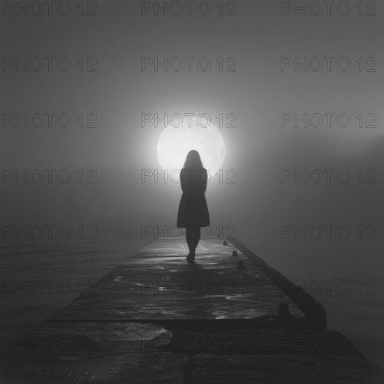 Silhouette of a lonely, sad woman on a concrete footbridge on a foggy full moon night, symbolic