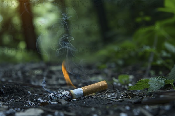Burning cigarette butt on forest ground risking fire. KI generiert, generiert, AI generated