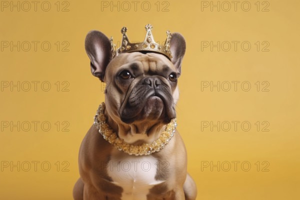 Spoiled fawn French Bulldog dog with golden crown and necklace on yellow background. KI generiert,