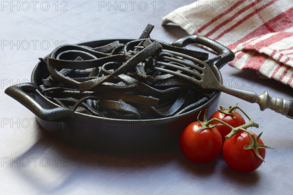Black pasta coloured with squid ink in shell, Taglioni al Nero di Seppia, Italy, Europe