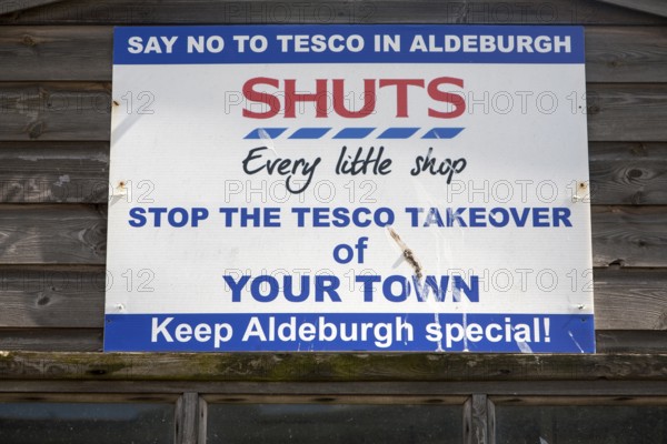 Poster sign protest against possible Tesco store in Aldeburgh, Suffolk, England, United Kingdom,