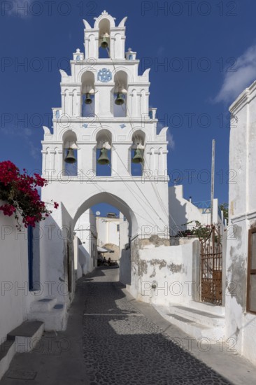 Santorini, Megalochori, bell tower of the Church of the Virgin Mary, Cyclades, Greece, Europe