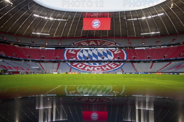Stadium interior, pitch, scoreboard, FC Bayern Munich FCB logo, empty, reflection, Champions