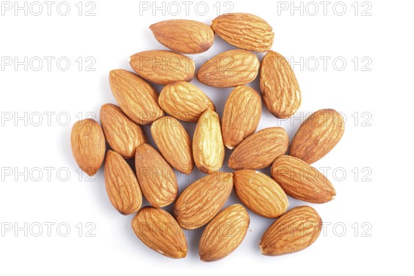 Pile of almonds isolated on white background. top view