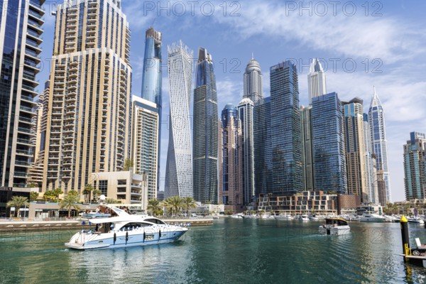 Dubai Marina skyline skyscrapers waterfront buildings in Dubai, United Arab Emirates, Asia