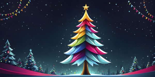 Abstract Christmas tree illustration with vibrant colors and geometric shapes, AI generated