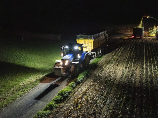 Tractor with trailer travelling along a rural road at night, maize harvest, Dachtel, Black Forest,