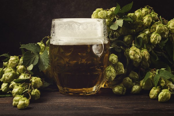 A mug of beer, on a wooden table, with a branch of fresh hops, rustic, no people