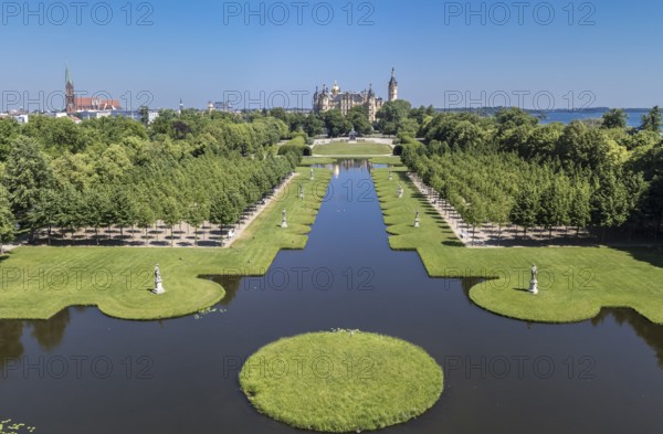 Panorama aerial view of castle Schwerin, castle grounds, lake, Schwerin, Germany, Europe
