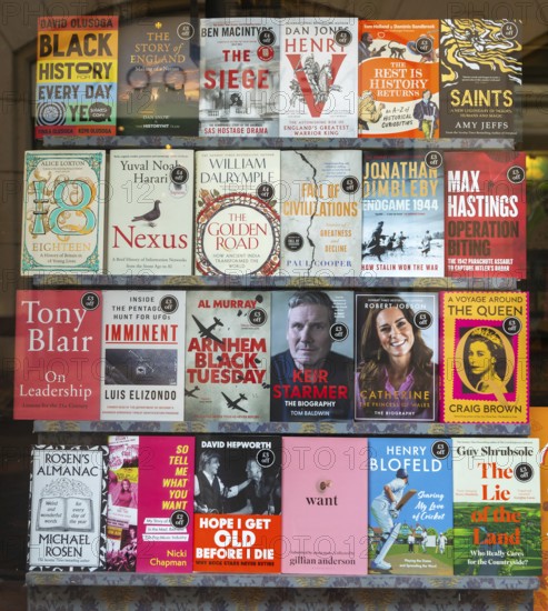 Waterstones bookshop shop window display of non-fiction books, Ipswich, Suffolk, England, UK
