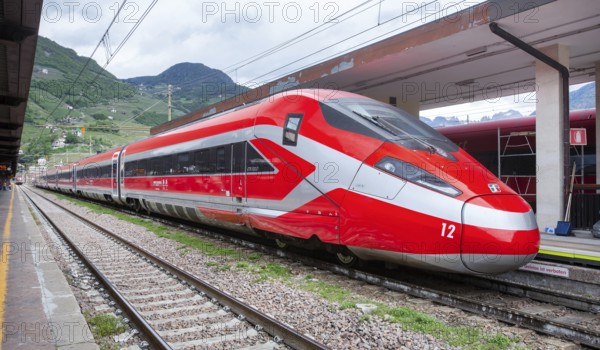 Trenitalia Frecchiarossa high-speed train at Bolzano station, Bolzano, Trentino-Alto Adige. Italy