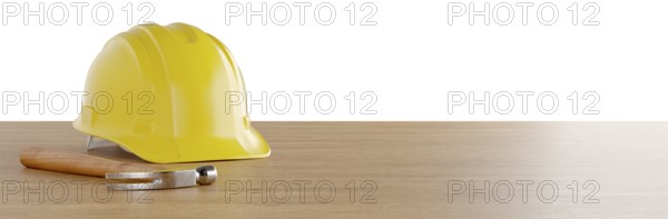Yellow construction hard hat and hammer resting on wood surface banner isolated on a white