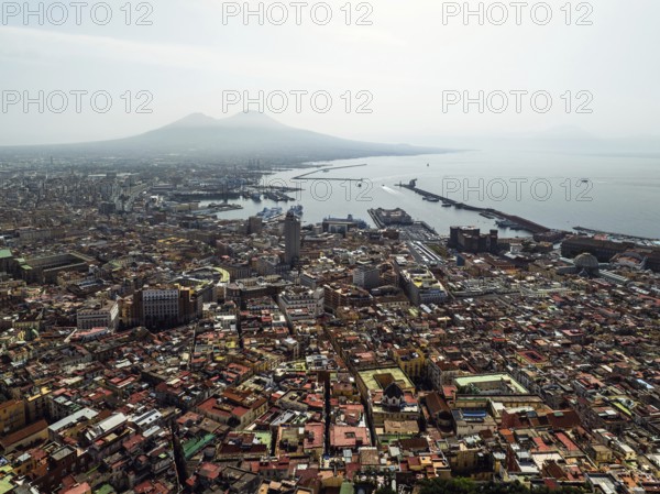 Drone view of Naples and Vesuvius from Castel Sant'Elmo, Campania, Italy, Europe
