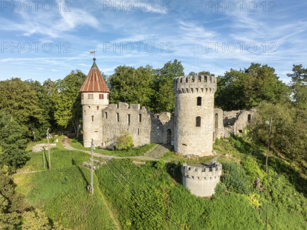 Aerial view of the Honburg castle ruins on the Honberg above the town of Tuttlingen, district of