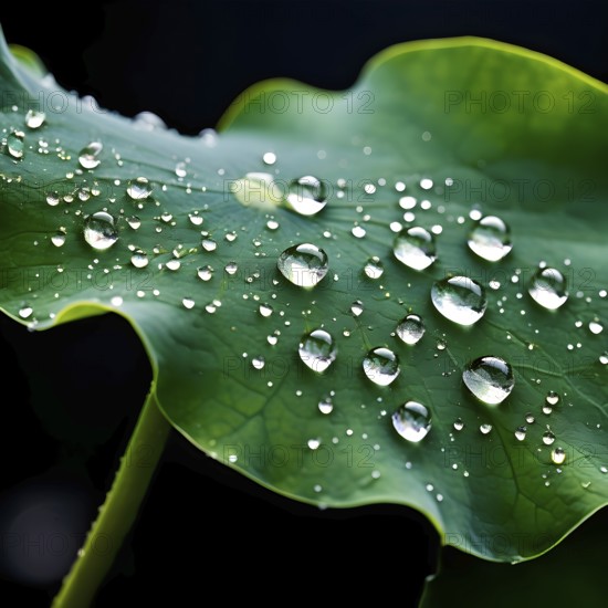 Close up of a lotus leaf showcasing its hydrophobic tendencies repelling water droplets, AI