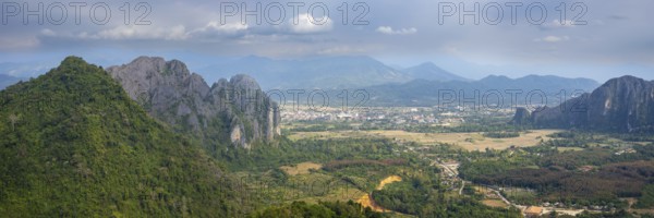 Panorama of Vang Vieng and the Kart landscape from Pha Ngern View Point, Vientiane Province, Laos,