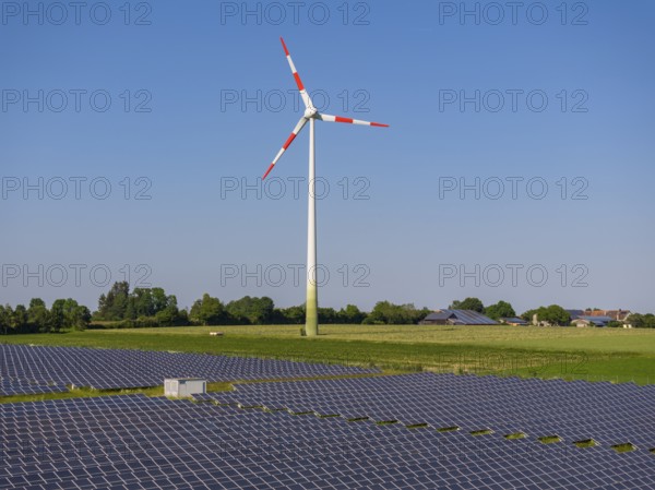 PV system in the solar park, wind turbine on the Swabian Alb. Neuselhalden wind farm near Steinheim